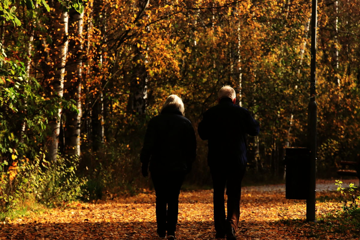 Two people walking a path in autumn